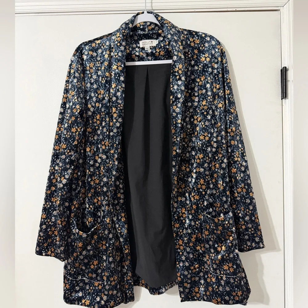 Molly Bracken Blazer Women’s Ditsy Floral Print Stretch Velvet Open Front